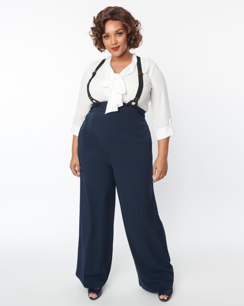 Unique Vintage Navy High Waist Suspender Pants | Blue